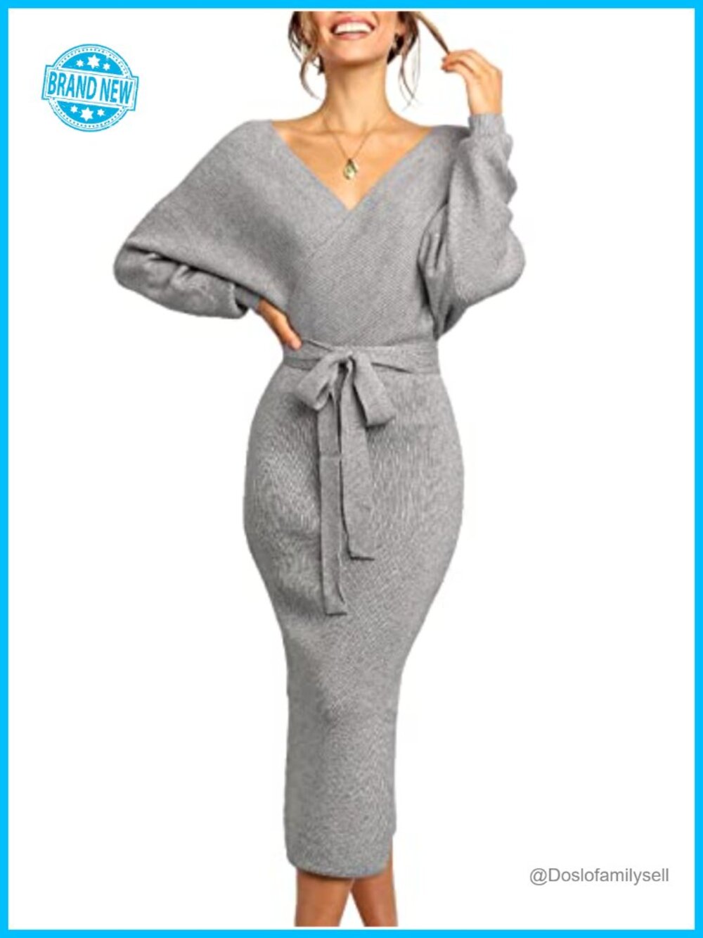 Womens Batwing Sleeve Wrap Sweater Dress Maxi Long Sleeve V Neck Belted